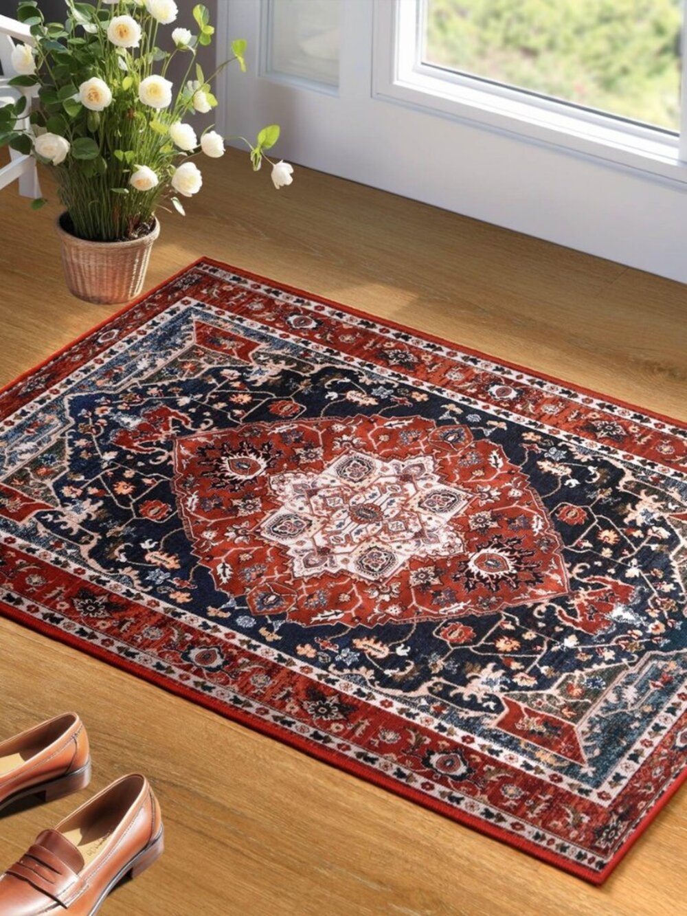 Doormat Boho Area Rug 2x3, Machine Washable Small Low Pile Lightweight Thin
